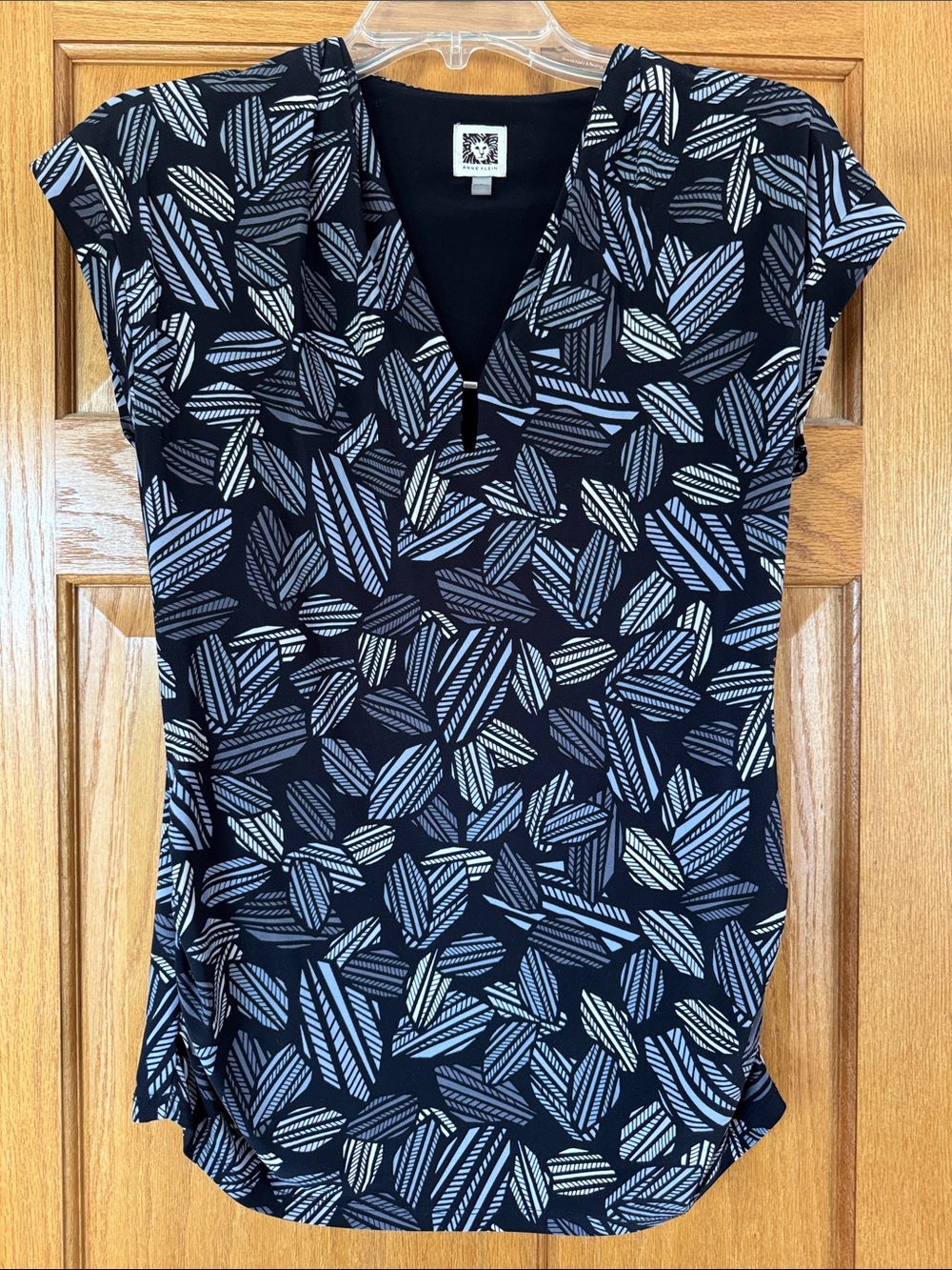 Anne Klein Black V-Neck Top with Light Blue and Cream Leaf Print, Size S